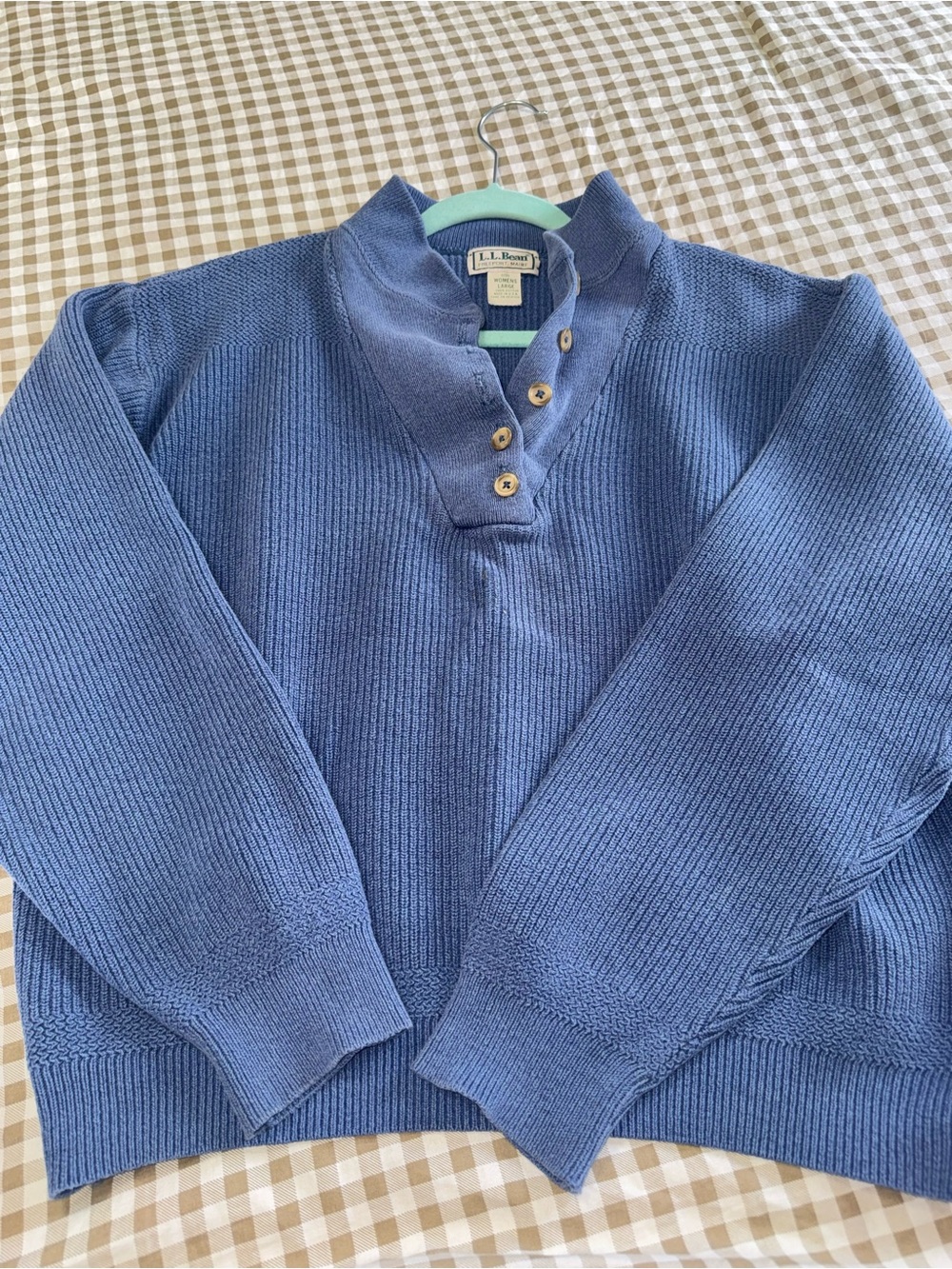 L.L. Bean Women’s Slate Blue Turtleneck Button-Front Ribbed Sweater